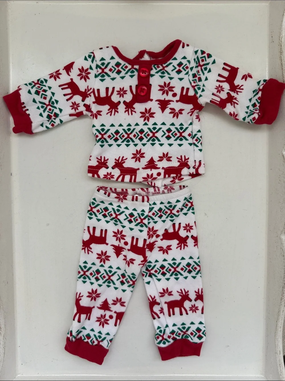 Dollie & Me Fair Isle Red, Green & White Reindeer 18” Doll Pajama Set